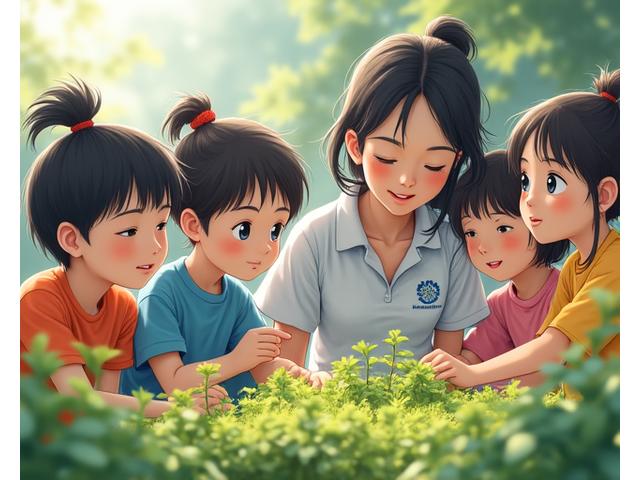 緑豊かな自然の中で子供たちと技術者が交流している様子