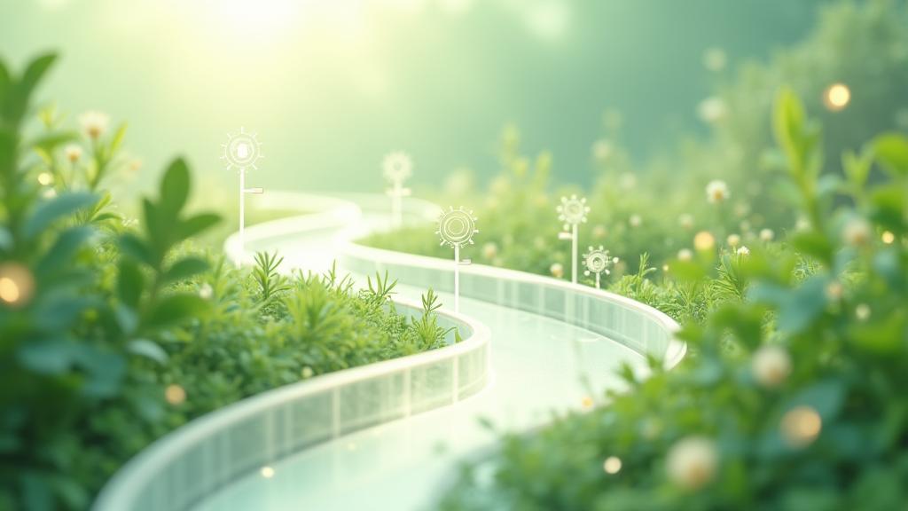 透明な素材で表現された、洗練されたフローチャートと成長する植物のイメージ。効率的なプロセスと自然との調和を象徴。