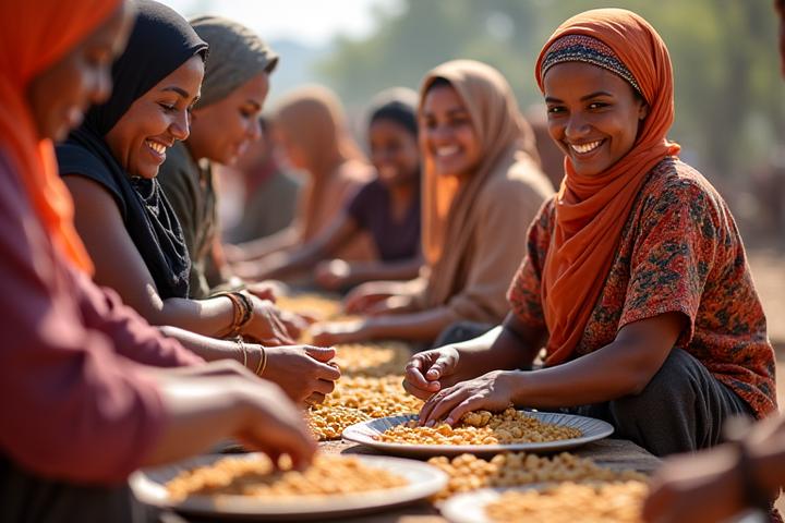 モロッコの女性たちがアルガンオイルを抽出している様子