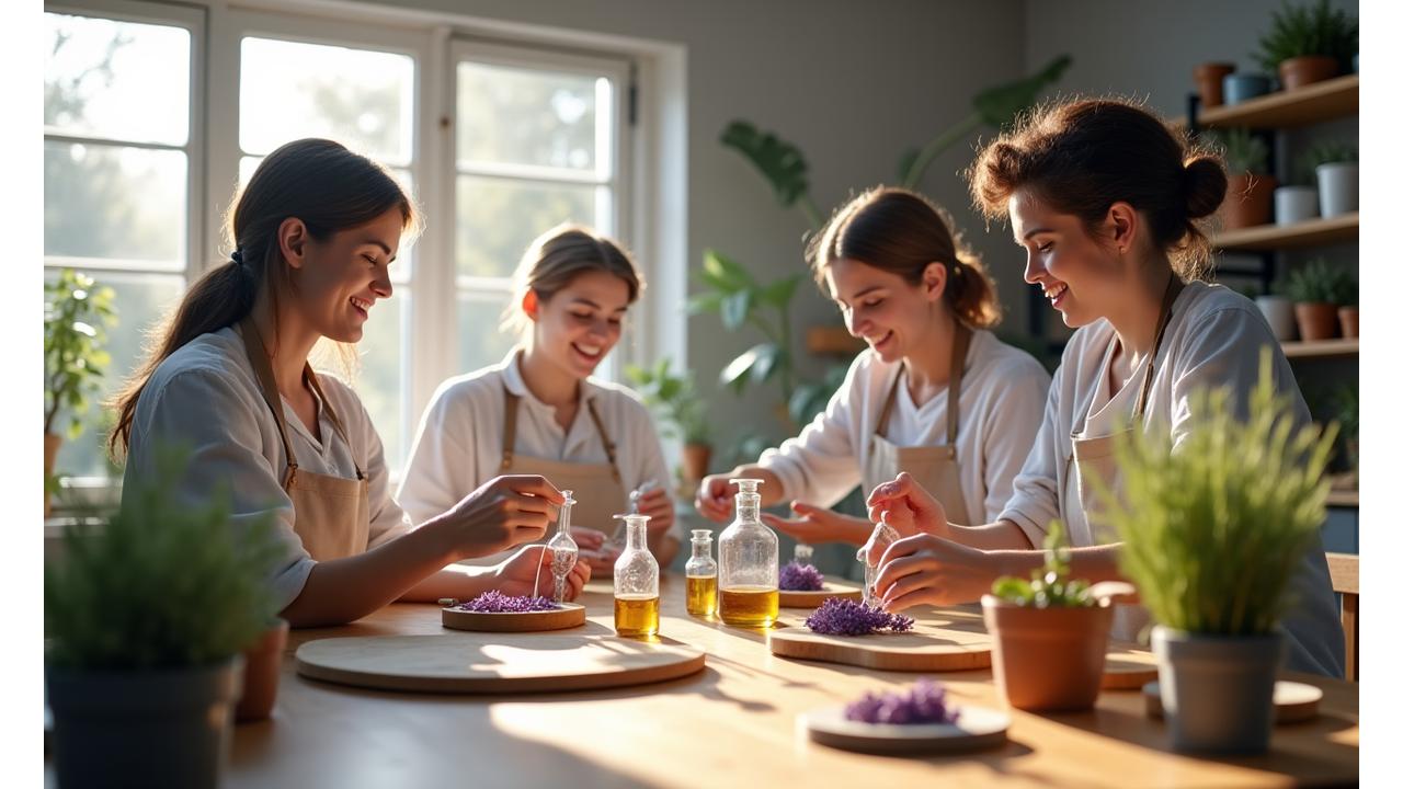 ボタニカ工房のプロフェッショナルが指導する少人数制の自然化粧品作りワークショップ風景。参加者が笑顔で作業する様子